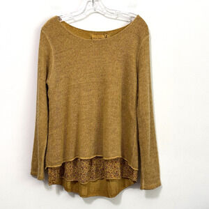Belle France Sweater S Knit Top Gold Layer Floral Hem Long Sleeve Soft Italy